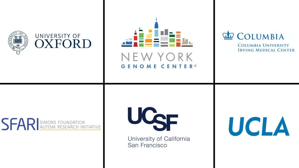 A grid of six logos: University of Oxford, New York Genome Center, Columbia University Irving Medical Center, SFARI, UCSF, and UCLA, all on a white background.