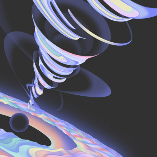 A swirling, colorful vortex spirals upward from a dark central hole, surrounded by glowing, wavy patterns against a dark background, resembling an abstract cosmic scene.