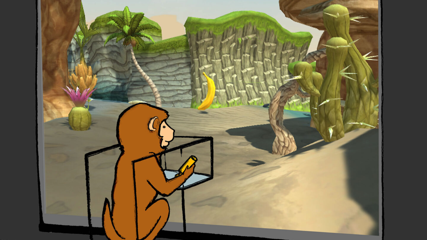 Illustration of a monkey staring at a natural exhibit
