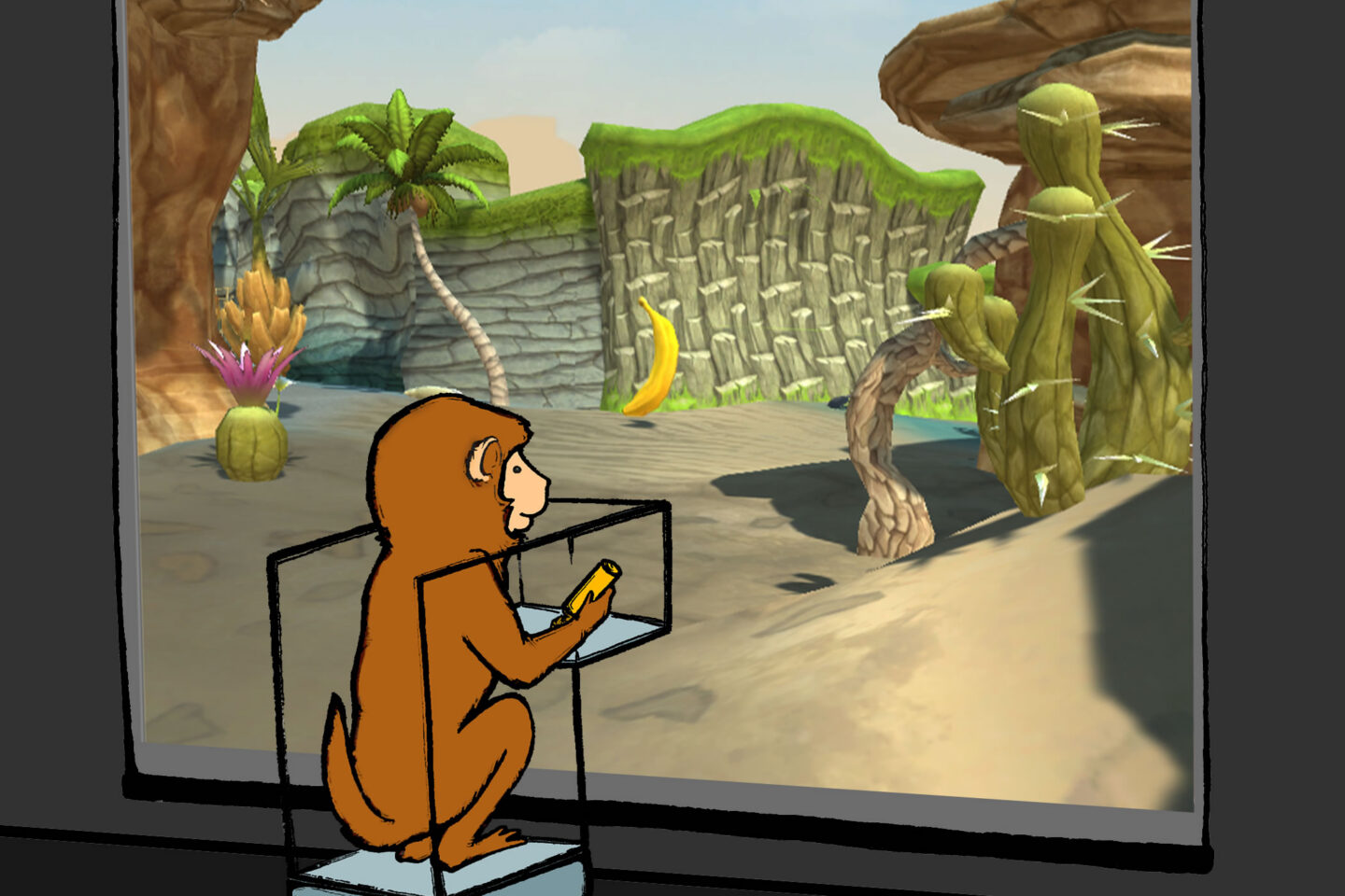 Illustration of a monkey staring at a natural exhibit