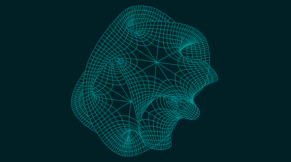 A turquoise wireframe 3D abstract shape resembling a distorted human head is shown on a dark background. The complex mesh forms curves and intersections throughout the organic structure.
