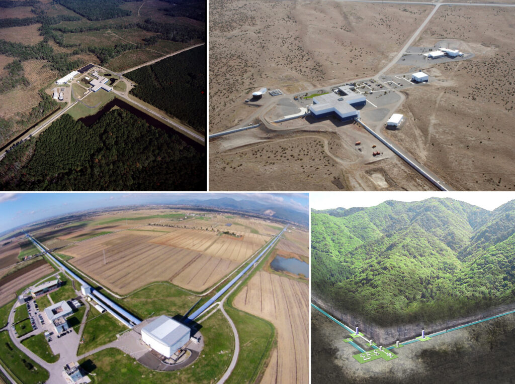 Gravitational wave astronomy is a global effort. Clockwise from top left: LIGO in Livingston, Louisiana; LIGO in Hanford, Washington; Virgo in Pisa, Italy; and Kagra in Hida, Japan.