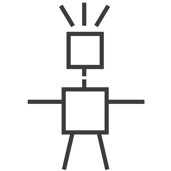 A simple line drawing of a person made of squares and straight lines, with three lines radiating from the head.