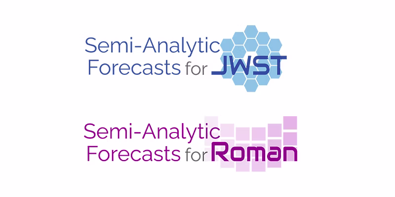 Logos with text: Semi-Analytic Forecasts for JWST beside blue hexagons, and Semi-Analytic Forecasts for Roman beside purple rectangles.
