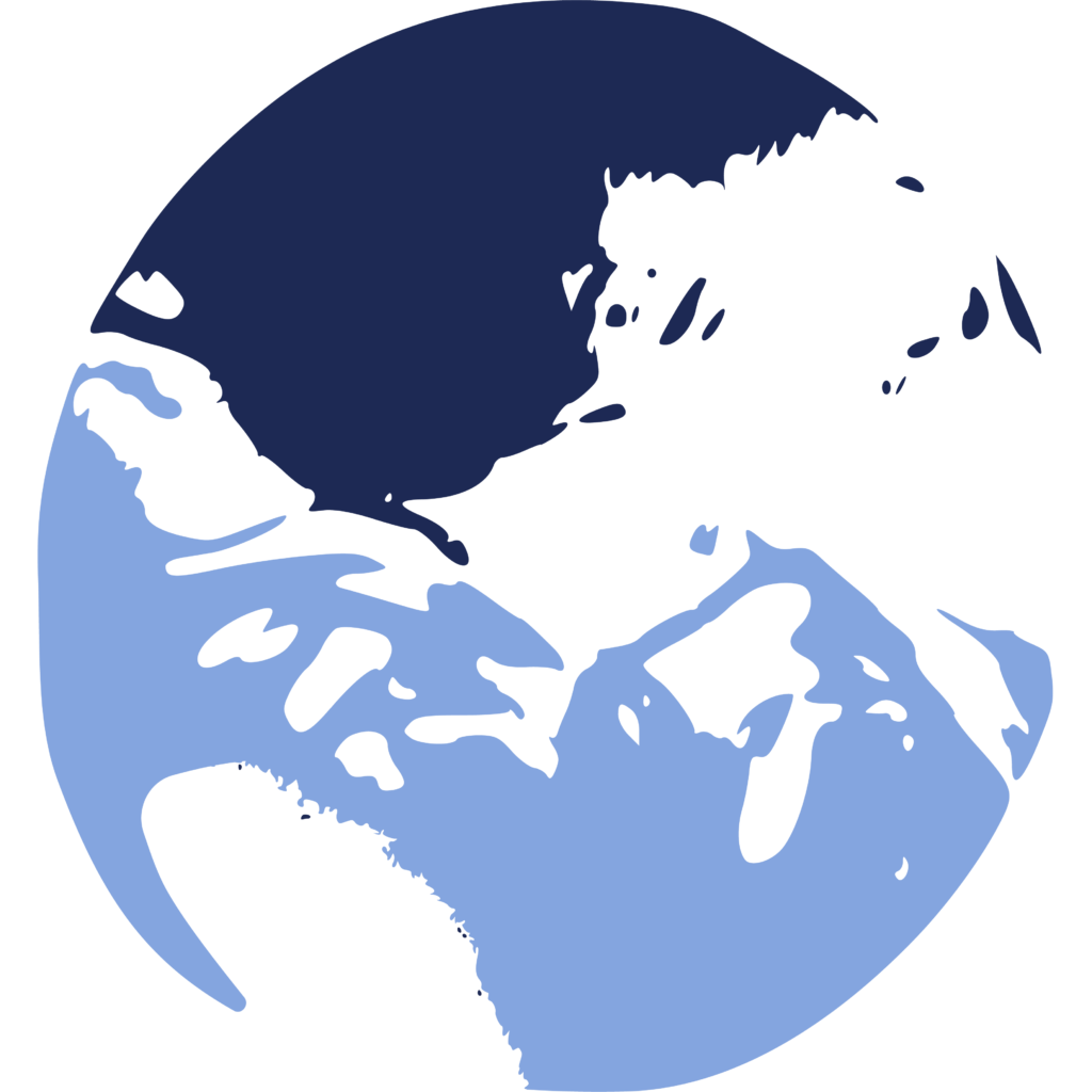 A stylized illustration of Earth showing North America, Greenland, and parts of the Arctic, with blue and white colors representing land and ice.