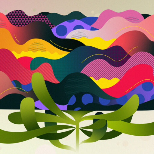 Abstract digital art of a colorful, wavy shape resembling a brain above stylized green plant leaves, with various patterns and vibrant hues of pink, purple, orange, yellow, and blue.