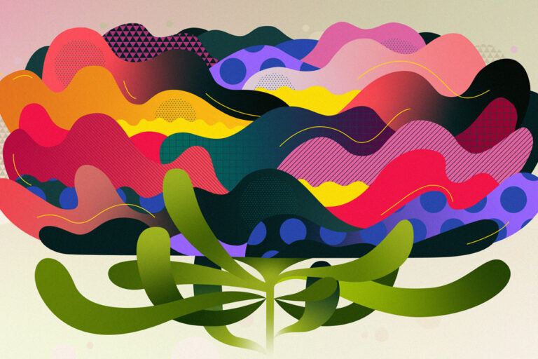 Abstract digital art of a colorful, wavy shape resembling a brain above stylized green plant leaves, with various patterns and vibrant hues of pink, purple, orange, yellow, and blue.