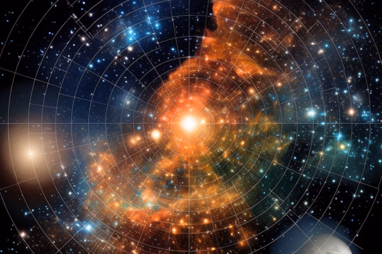 A bright, glowing star sits at the center of a colorful galaxy with swirling clouds and stars, overlaid by concentric white grid lines. A planets curved surface is visible in the lower right corner.