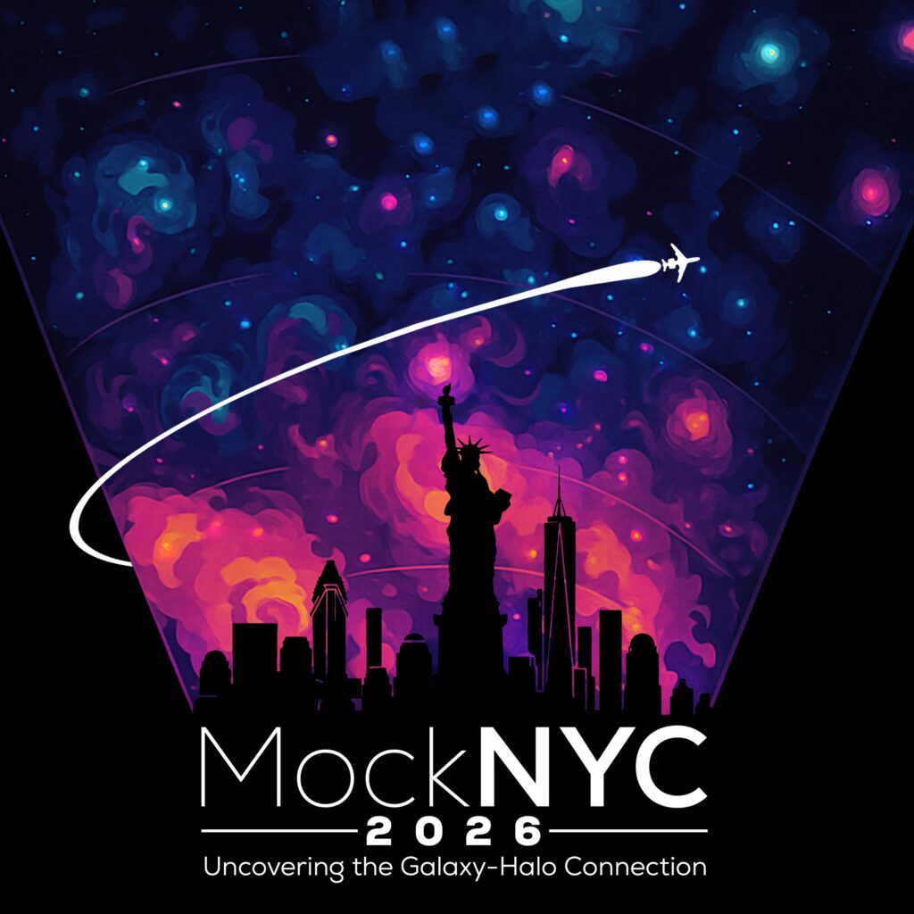 Colorful cosmic sky over NYC skyline silhouette, Statue of Liberty centered, spaceship streaking upward. Text: MockNYC 2026 – Uncovering the Galaxy–Halo Connection..
