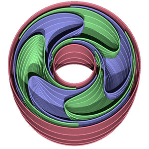 A colorful, abstract 3D shape with swirling green, blue, and red sections forming a circular, layered design with a central hole.