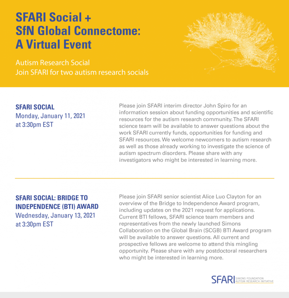 Yellow and blue event flyer for SFARI Social + SfN Global Connectome: A Virtual Event, detailing two autism research social sessions with dates, times, and speaker descriptions; includes SFARI and Simons Foundation logos.