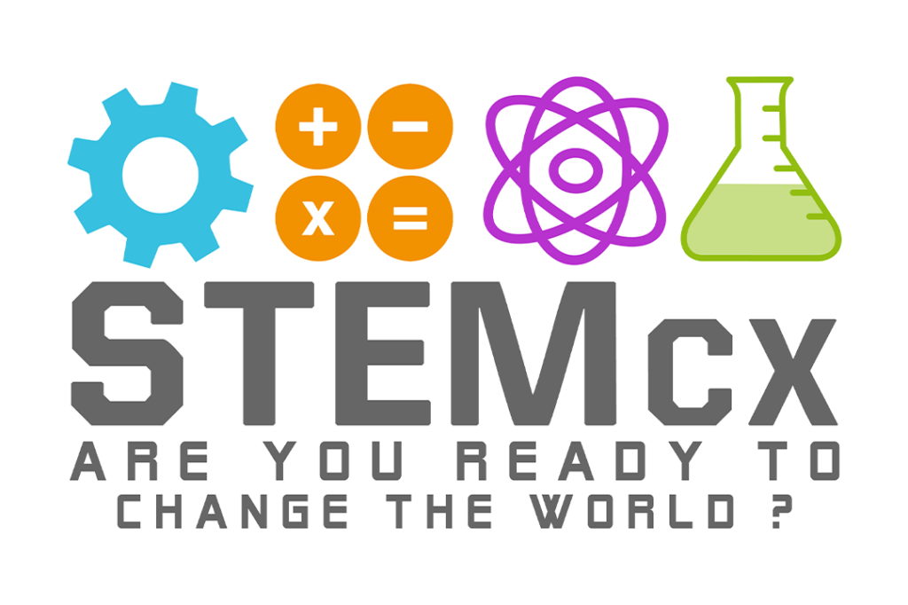 A gear, math symbols, atom, a beaker on top of 