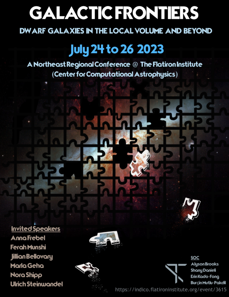 Conference poster for Galactic Frontiers, July 24-26, 2023, features a galaxy puzzle being assembled. Lists invited speakers and organizers. Hosted by The Flatiron Institute, Center for Computational Astrophysics.