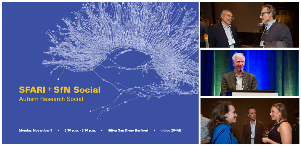 Event flyer with abstract white neuron art on blue, SFARI + SfN Social Autism Research Social text, and photos of people networking, speaking, and smiling at a conference. Event details at the bottom.