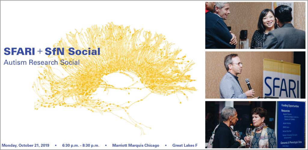 Event flyer for SFARI + SfN Social: Autism Research Social, with abstract yellow network art and photos of people networking and speaking. Event details: Oct 21, 2019, 6:30-8:30 p.m., Marriott Marquis Chicago.