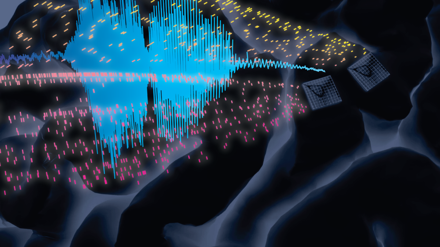 multicolored dashes across a cavernous wave