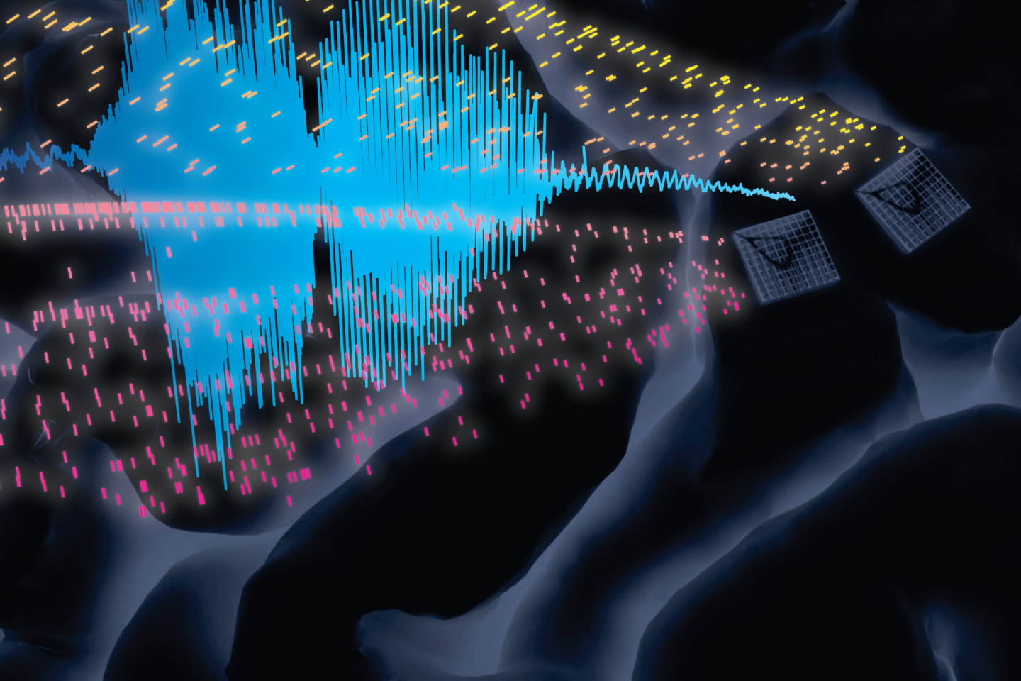 multicolored dashes across a cavernous wave