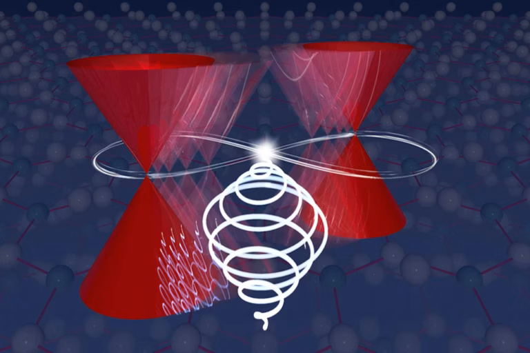 Two red cone shapes touch at their points above a pattern of blue and white spheres. A glowing spiral and white lines orbit where the cones meet, suggesting a scientific or quantum concept.