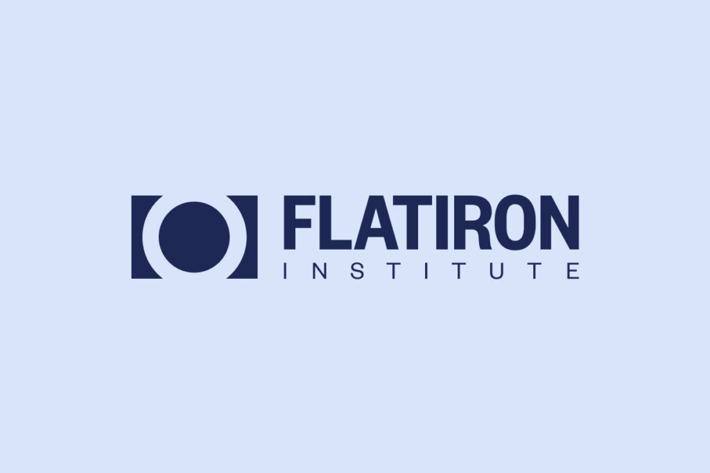 Flatiron Institute logo with a dark blue circle framed by brackets, followed by the words FLATIRON INSTITUTE in bold and regular dark blue text on a light blue background.