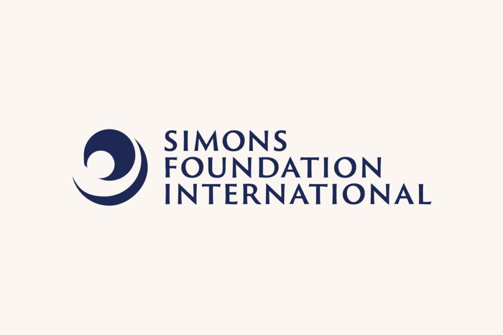 Simons Foundation International logo with a dark blue abstract circular shape to the left of the organizations name in bold, uppercase letters on a light background.