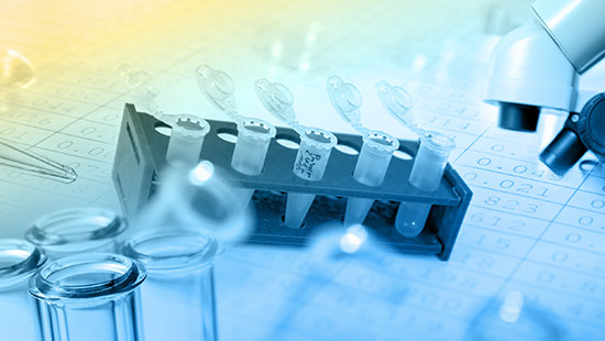Laboratory scene with test tubes in a plastic rack, a pipette, glass vials, and a microscope on a data sheet background, all shown with a blue and yellow tint.