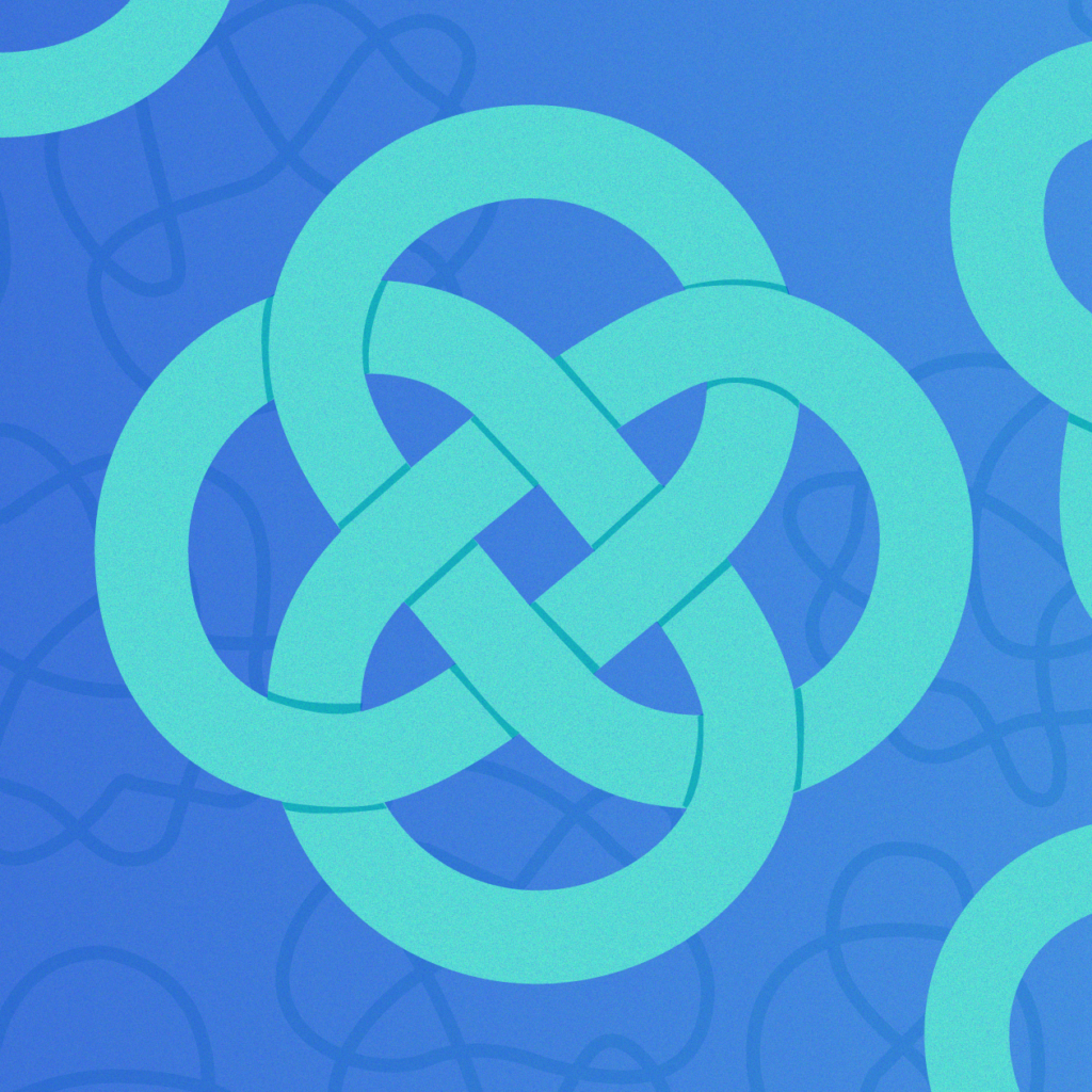 Abstract design with interlocking turquoise loops on a blue background, featuring darker blue, thin outlines of similar knot shapes scattered across the entire image.