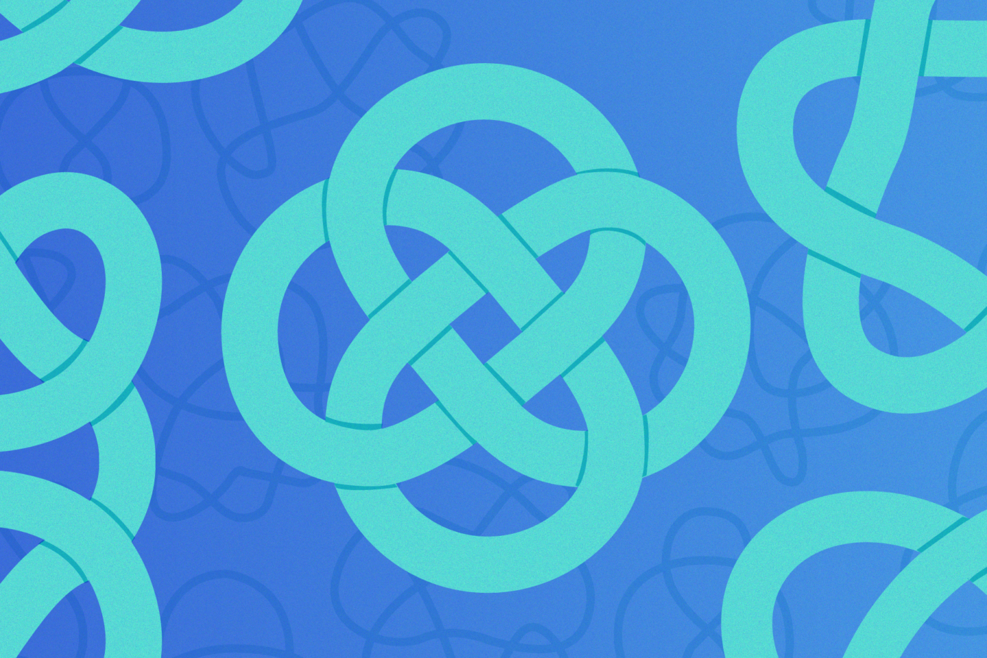 Abstract design with interlocking turquoise loops on a blue background, featuring darker blue, thin outlines of similar knot shapes scattered across the entire image.