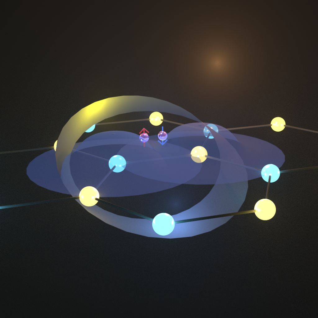 A digital rendering of glowing spheres connected in a circular pattern, with translucent rings and two small figures at the center, set against a dark background.