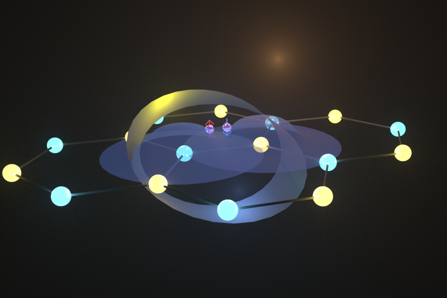A digital rendering of glowing spheres connected in a circular pattern, with translucent rings and two small figures at the center, set against a dark background.