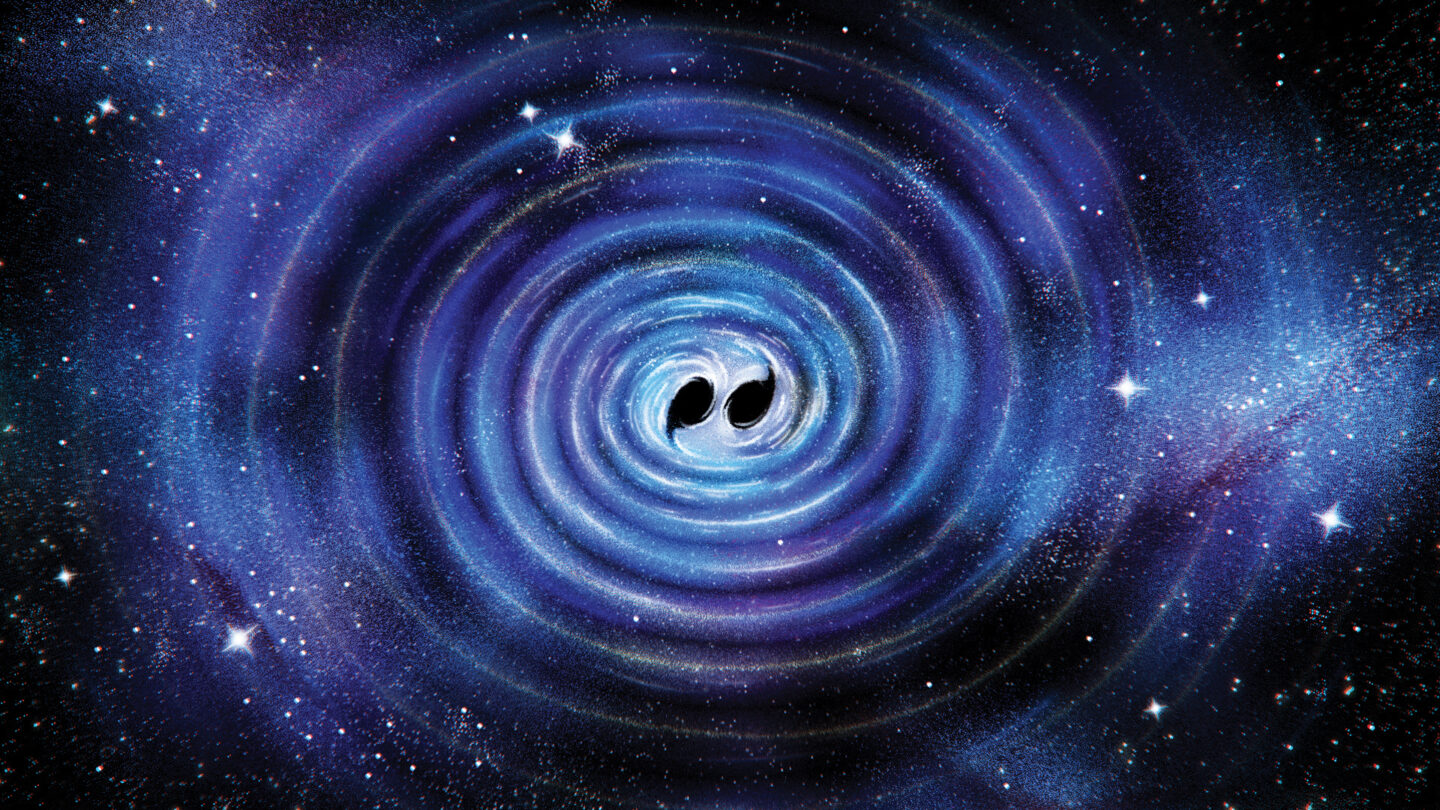 A digital illustration of two merging black holes in space, emitting spiraling waves of blue and purple energy, surrounded by stars and cosmic dust.