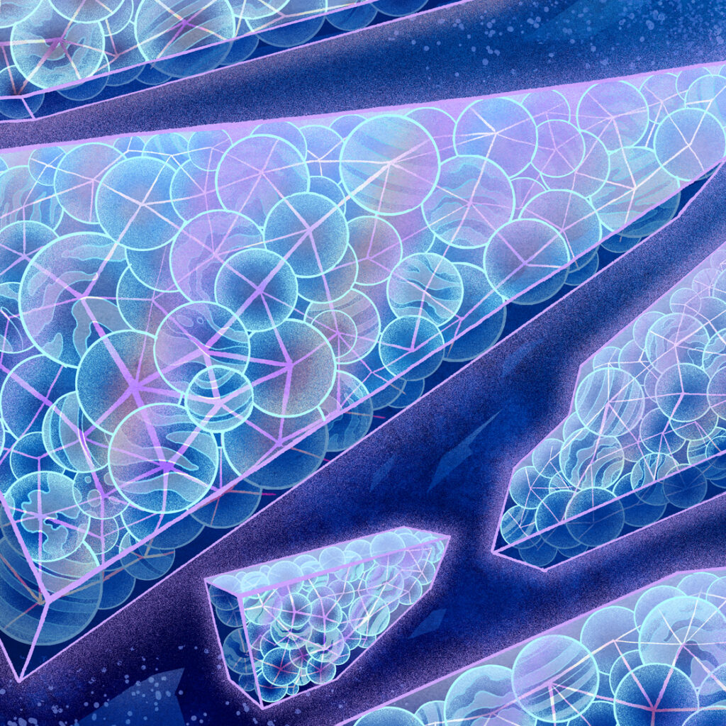 Floating, translucent blue geometric shards filled with a glowing pattern of interconnected circles and lines against a dark blue background.