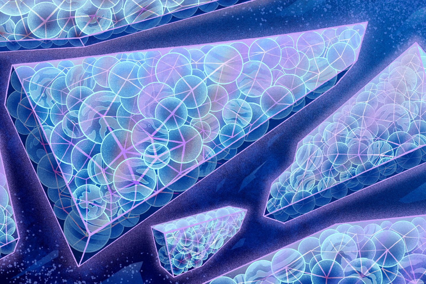 Floating, translucent blue geometric shards filled with a glowing pattern of interconnected circles and lines against a dark blue background.