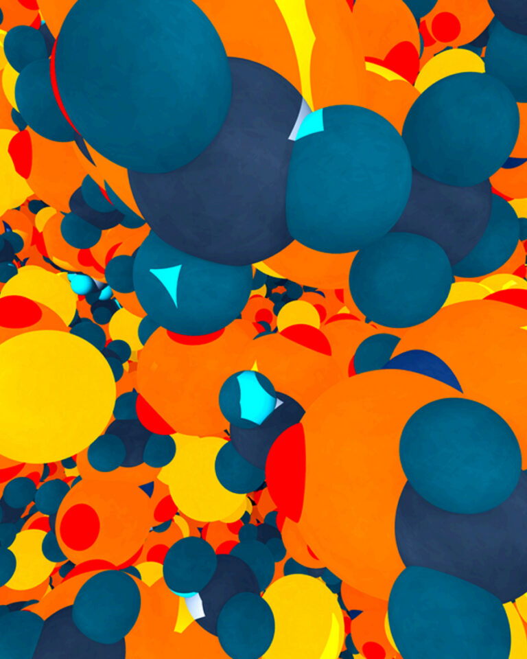 A still from a movie showing a view inside a dense LiTFSI system, filled with multicolored spheres bumping into each other.