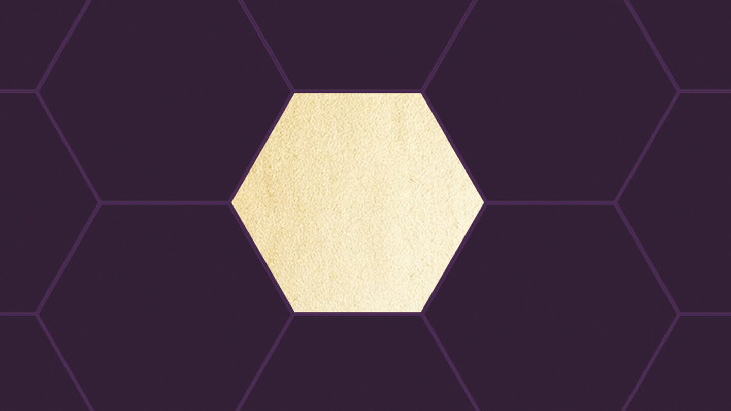 A light yellow hexagon centered on a dark purple background with faintly outlined hexagonal shapes.