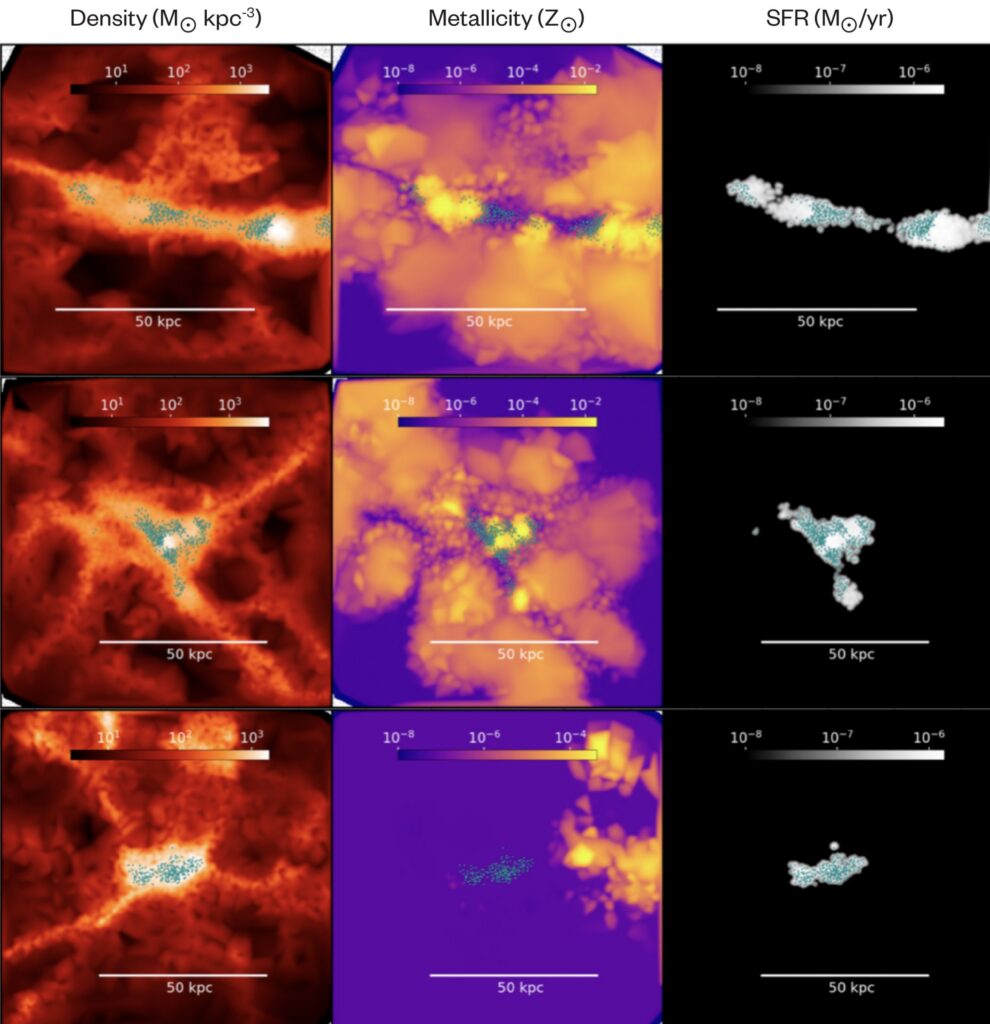 Nine-panel grid shows galaxy simulation maps in rows and columns. Columns: Density (red), Metallicity (yellow/purple), and Star Formation Rate (black/blue). Each shows a central galaxy region with scale bars.
