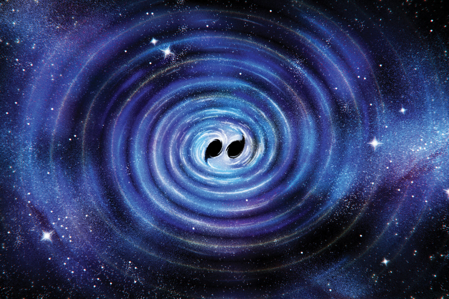 Artist representation of gravitational waves generated by two colliding black holes
