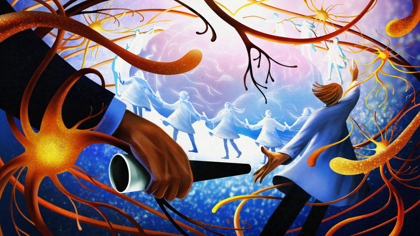 An illustration of many researchers collaborating together around a brain, with neurons in the background.