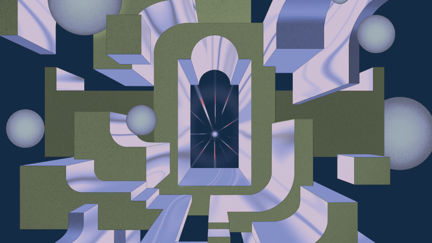 Abstract art with arches, floating spheres, and geometric shapes in purple and green shades, converging toward a central doorway with light beams radiating from a small white dot at the center.