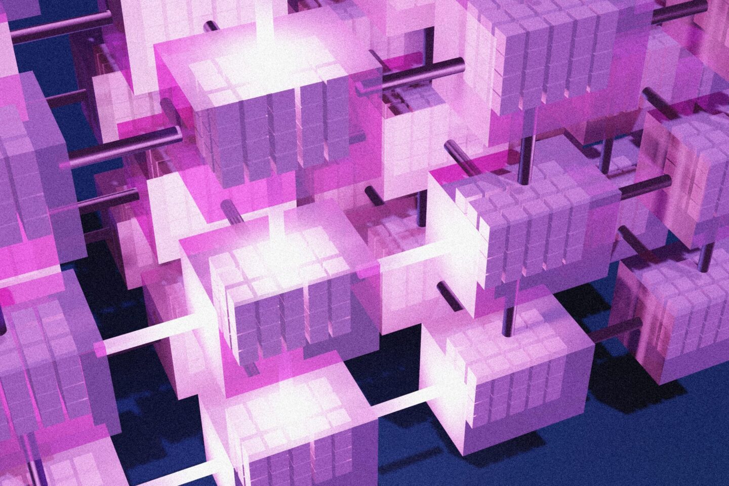 An artistic interpretation of a tensor network which shows a grid of squares connected by rods.