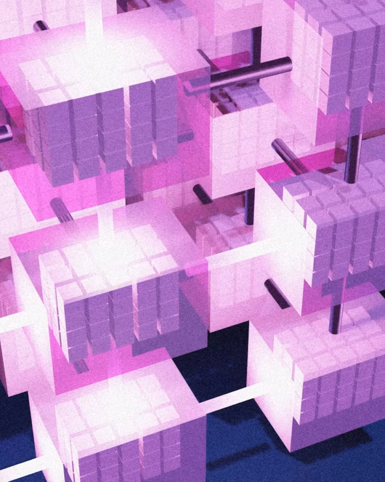 A digital illustration of interconnected glowing cubes in shades of pink and purple, linked by metal rods, representing a futuristic or technological network concept.