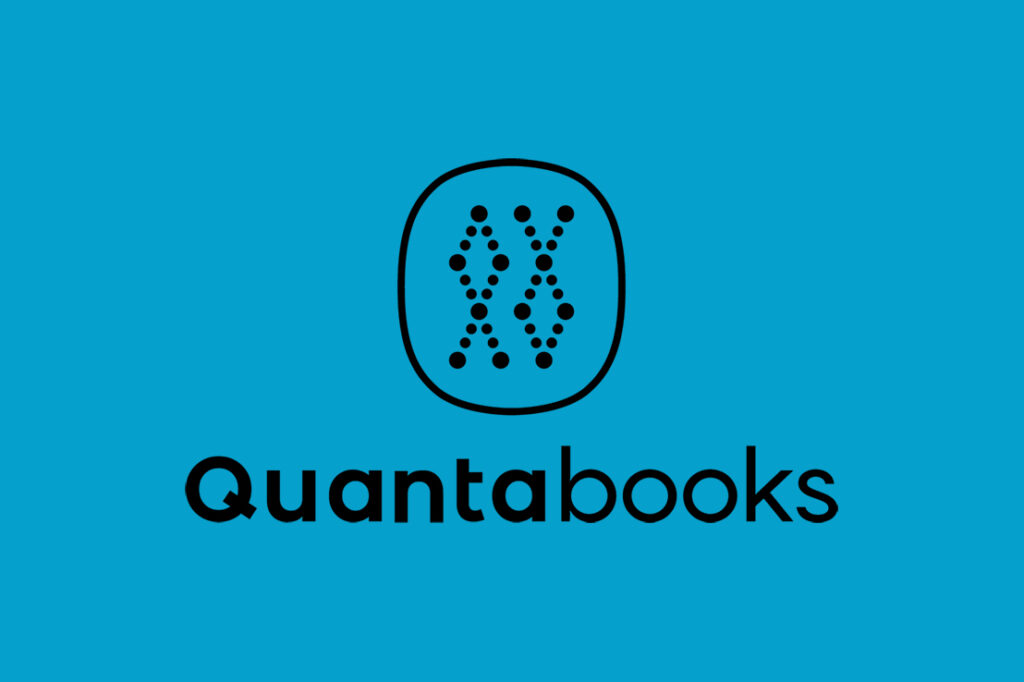 Logo for Quantabooks on a blue background. Black text reads Quantabooks; above it, an oval contains a pattern of black dots arranged in two stylized X shapes.