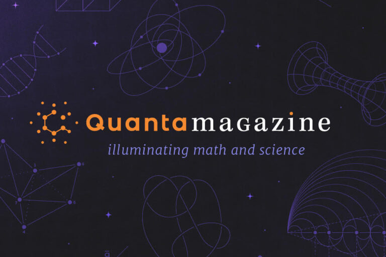 Dark background with scientific illustrations and the text: Quanta Magazine illuminating math and science in orange, white, and purple. Geometric and molecular line drawings are scattered throughout.