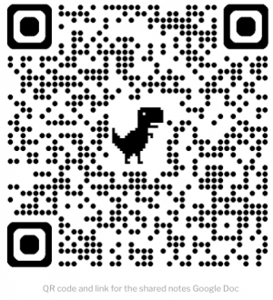 QR code with a pixelated dinosaur in the center, typically used to link to a shared Google Doc, as indicated by the caption below the code.