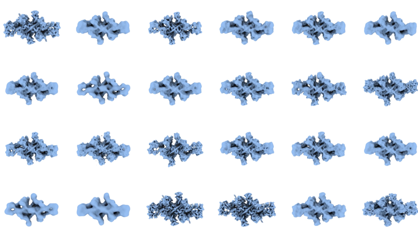 Twenty identical blue molecular structures are arranged in a 4 by 5 grid on a white background, each structure viewed from a slightly different angle.