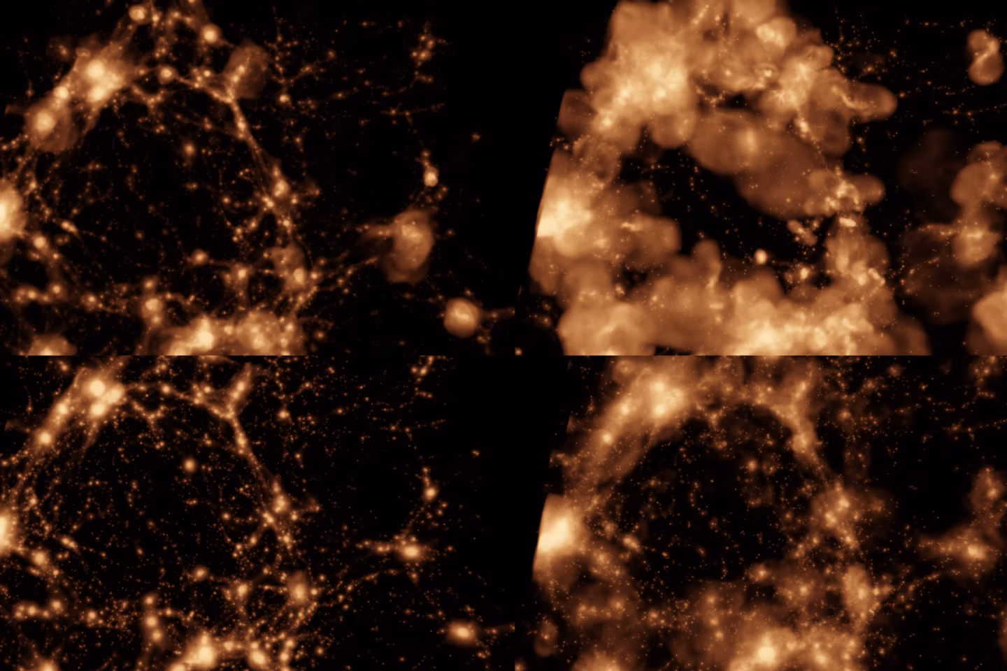 Four panels show glowing, web-like orange structures on a black background, resembling cosmic filaments or simulations of the universes structure, with varying density and brightness in each section.