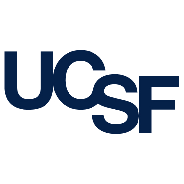 UCSF logo with bold, dark blue overlapping letters UCSF on a white background.