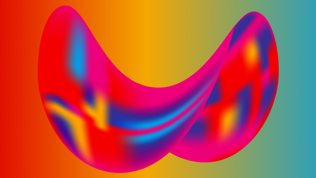 A red, abstract, bean-shaped 3D form with blue, yellow, and pink highlights floats over a rainbow gradient background.