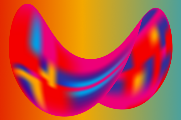 A red, abstract, bean-shaped 3D form with blue, yellow, and pink highlights floats over a rainbow gradient background.