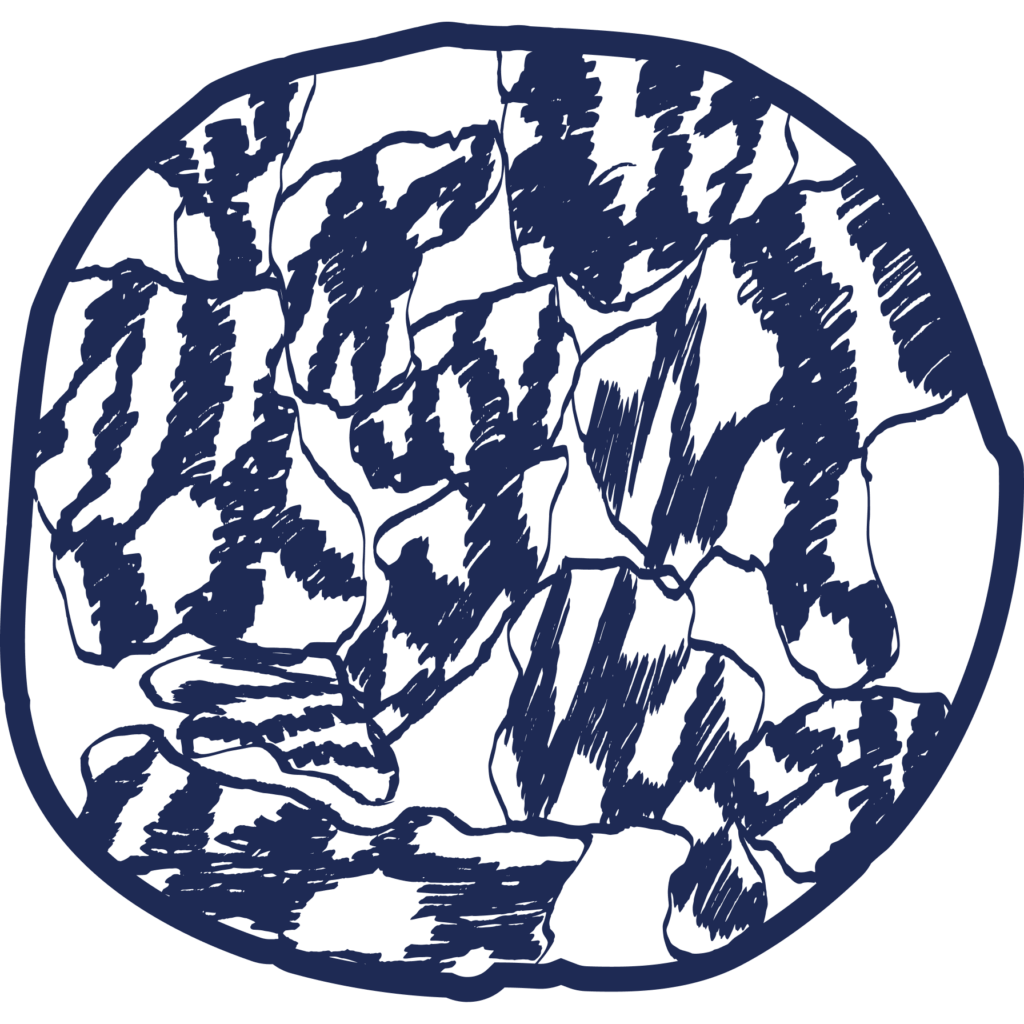 A circular shape filled with irregular, abstract navy blue and white patches and lines resembling a rough sketch or camouflage pattern.