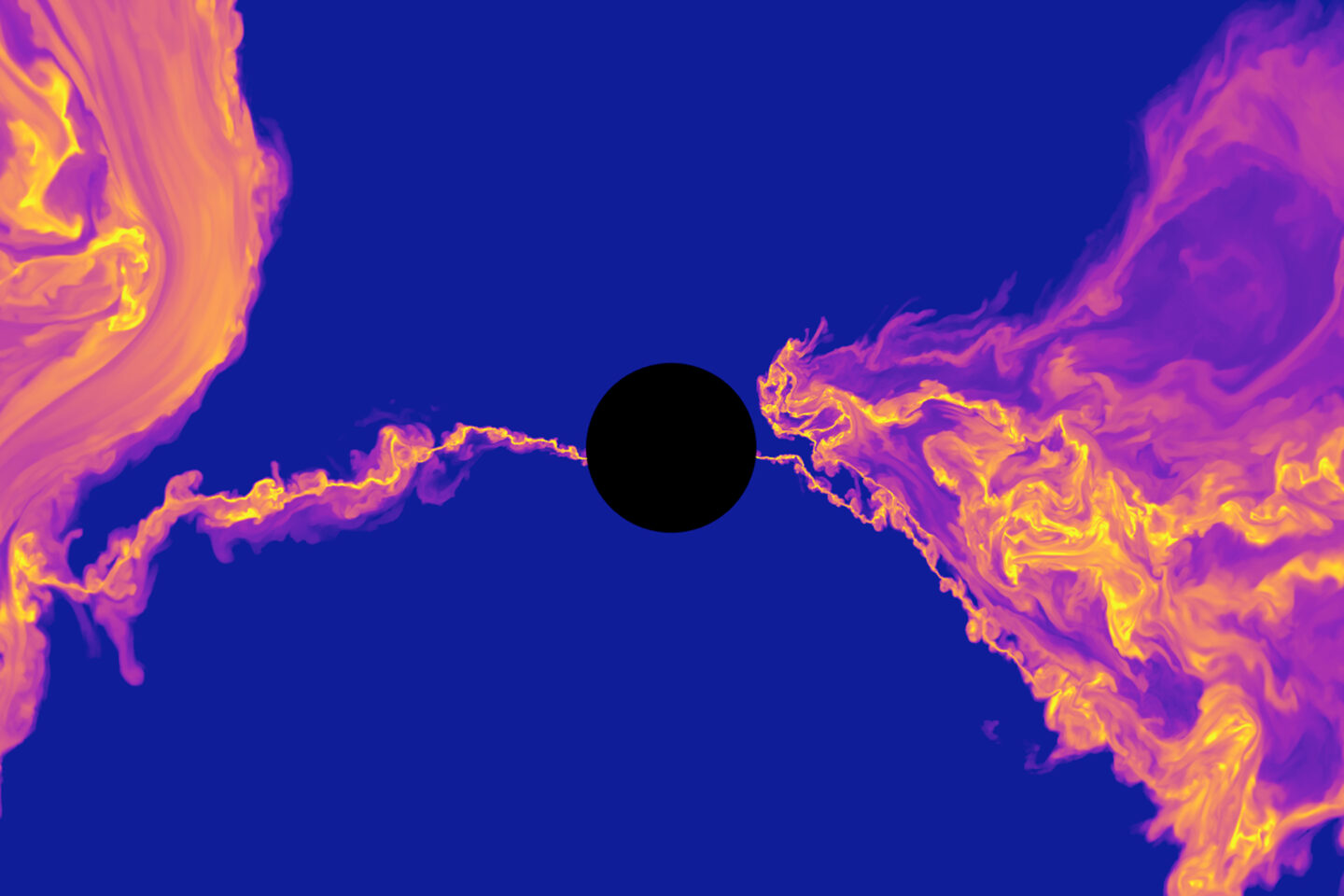 A black circle in the center is surrounded by swirling clouds of orange and yellow, set against a deep blue background, resembling a scientific simulation or cosmic phenomenon.
